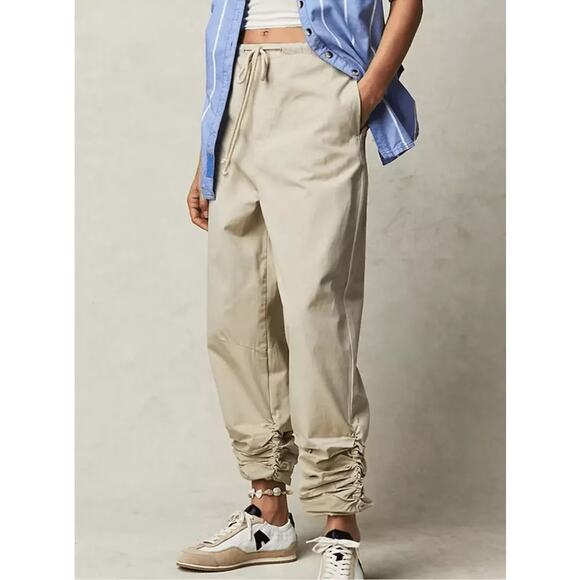 Free People Womens Parachute Pants Summer Khaki Cotton Pockets Ruched Ankle NWT - Picture 1 of 11